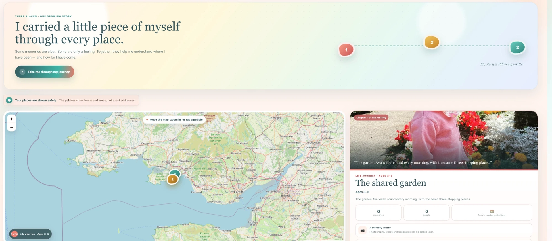 Pebble Memories life journey view, showing a child's places on a map beside a chapter of their story